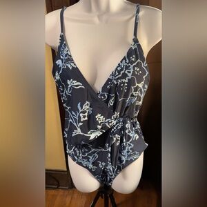 Cupshe Navy and White Floral Wrap Swimsuit